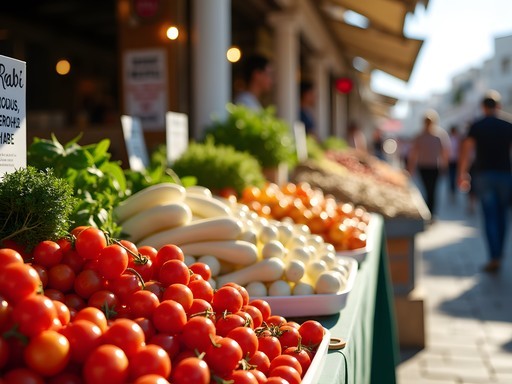 Colorful display of fresh local produce at Santorini farmers market