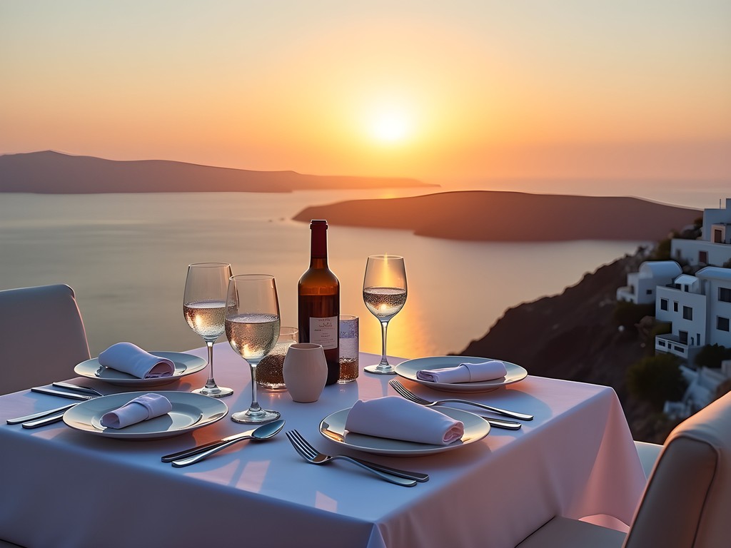 Elegant cliffside dining table set for dinner with Santorini caldera sunset view