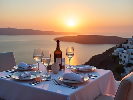 Elegant cliffside dining table set for dinner with Santorini caldera sunset view