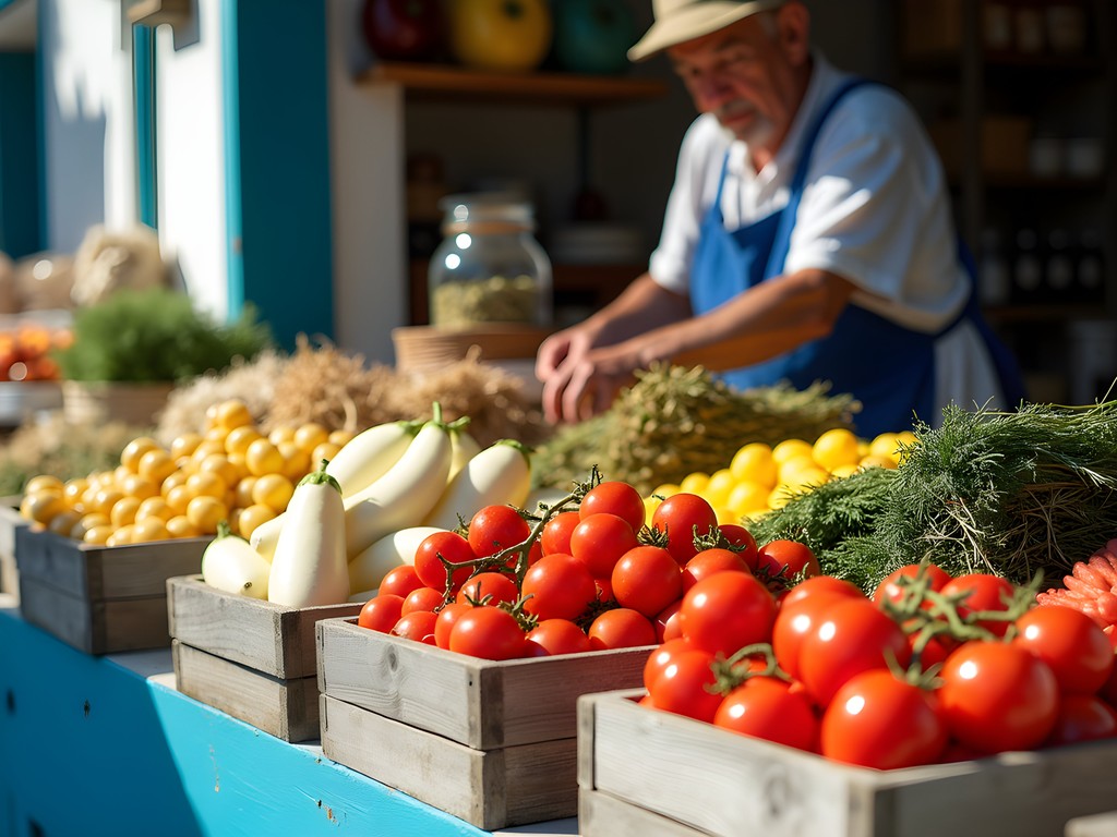 Vibrant display of local Santorinian produce including volcanic soil-grown tomatoes and capers at farmers market