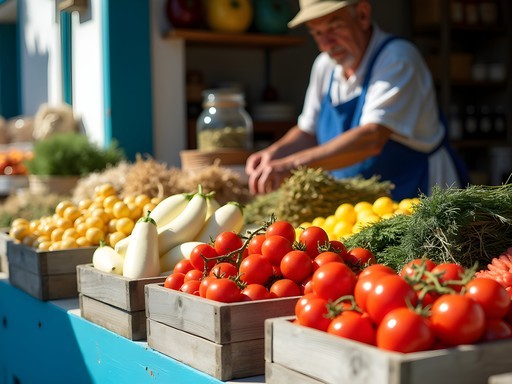 Vibrant display of local Santorinian produce including volcanic soil-grown tomatoes and capers at farmers market