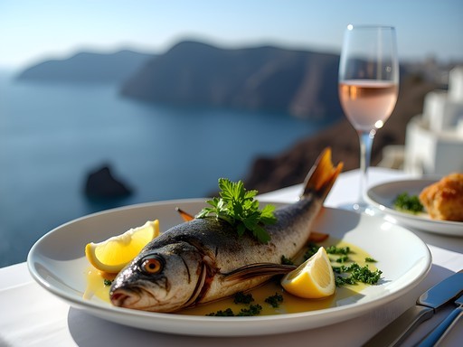 Fresh Mediterranean seafood platter at cliffside restaurant overlooking Santorini caldera