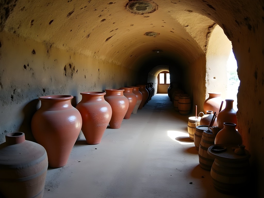 Traditional Santorinian wine cellar (kanava) with ancient storage vessels and volcanic rock walls