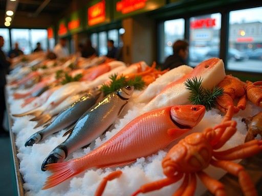 Fresh seafood display at Pike Place Fish Market with colorful array of fish on ice