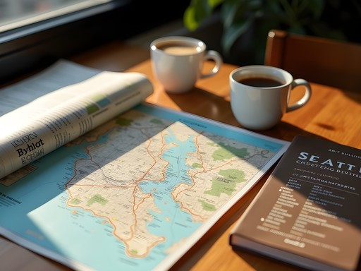 Planning a Seattle culinary tour with map, notebook and coffee