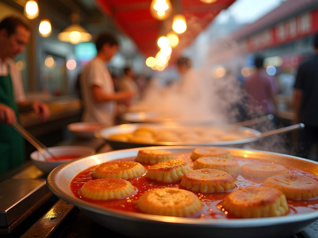 Colorful food stalls at Gwangjang Market in Seoul with vendors preparing traditional Korean street food