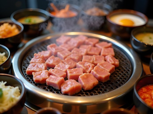 Traditional Korean BBQ experience with marinated meats cooking on tabletop grill surrounded by colorful banchan side dishes