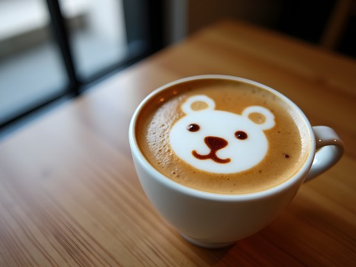 Elaborate latte art in a stylish Seoul cafe showing detailed bear design in coffee foam