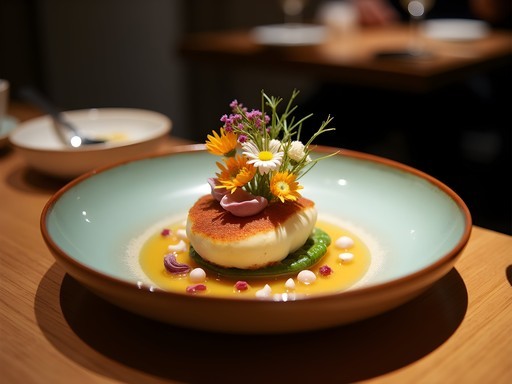 Elegantly plated modern Korean dish at a Michelin-starred restaurant in Seoul showing artistic food presentation
