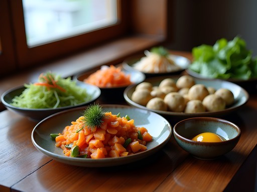 Elegantly presented Korean temple food with various vegetable dishes arranged in traditional ceramic bowls