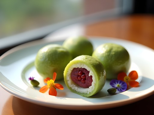 Traditional qingtuan green rice balls with modern presentation in Shanghai patisserie