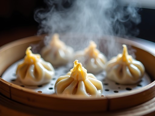 Freshly steamed xiaolongbao dumplings in a bamboo basket