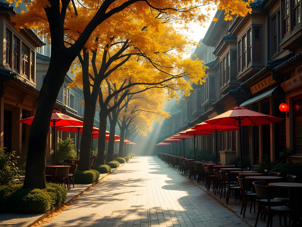 Tree-lined food street in Shanghai's French Concession during autumn