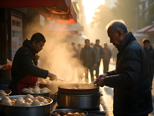 Early morning breakfast street in Shanghai with steam rising from food stalls
