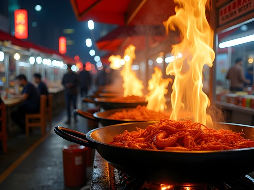 Bustling night market on Shouning Road with spicy crayfish vendors in Shanghai