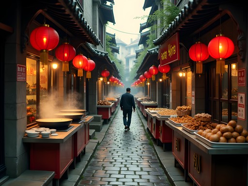 Food vendors and traditional buildings along canal in Qibao Ancient Town, Shanghai