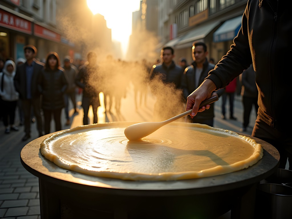 Street vendor preparing jianbing breakfast crepe on circular griddle in Shanghai