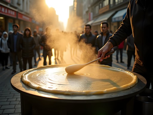 Street vendor preparing jianbing breakfast crepe on circular griddle in Shanghai