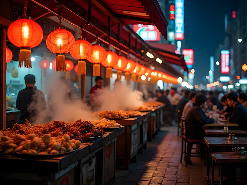 Bustling night market on Shouning Road with seafood vendors and glowing red lanterns