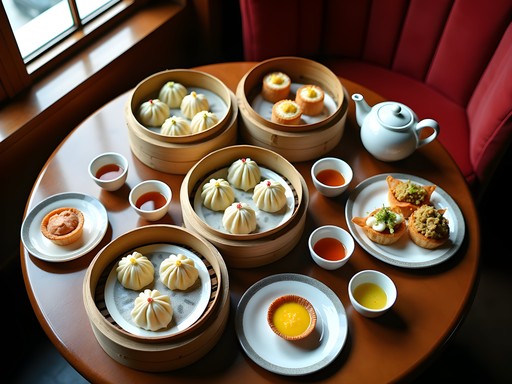 Traditional dim sum selection with tea in a small restaurant in Tianzifang, Shanghai