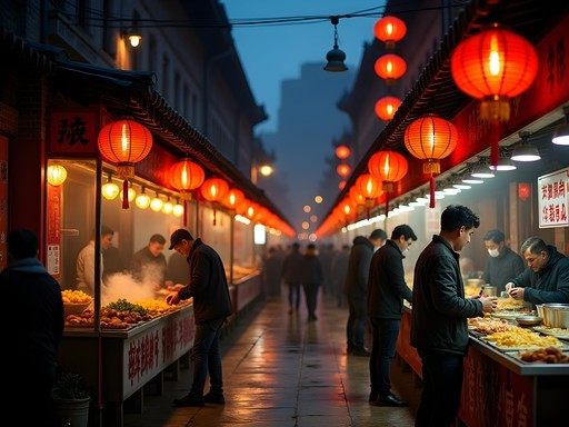 Vibrant Qibao night market with traditional red lanterns illuminating food stalls