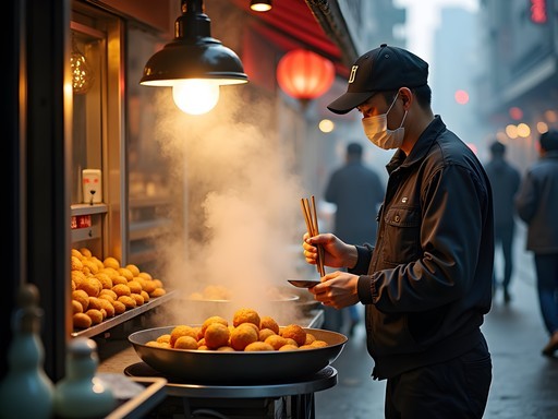 Early morning Shanghai breakfast street with locals gathering at food stalls