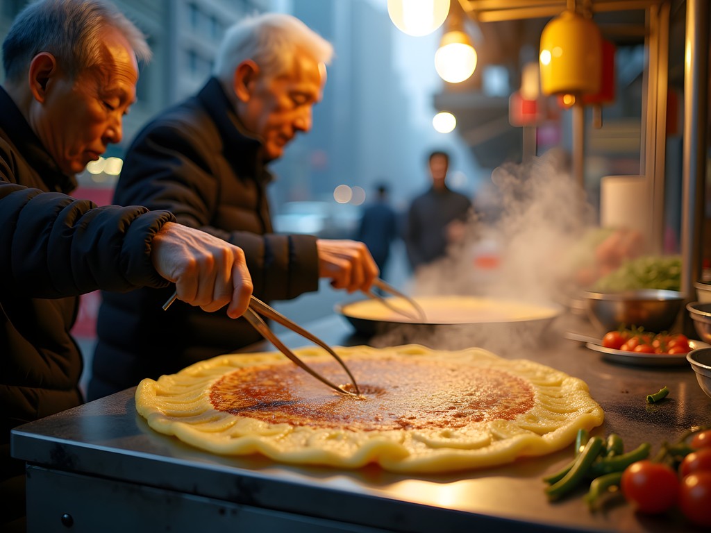 Elderly couple making traditional jianbing at dawn in Shanghai
