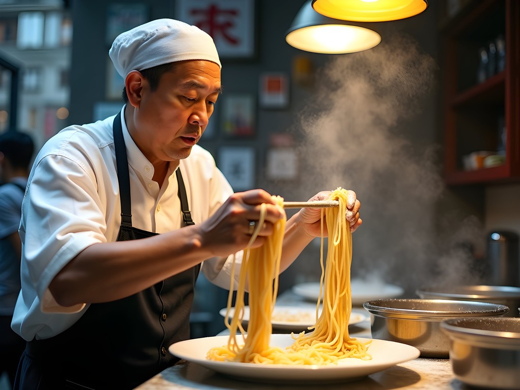 Shanghai noodle master hand-pulling noodles in traditional technique