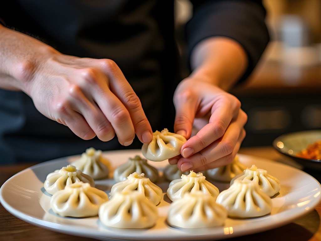 Chinese chef making xiaolongbao dumplings with precise pleating technique