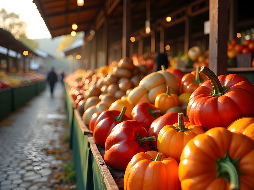 Colorful autumn produce display at Cibin Market in Sibiu, Romania