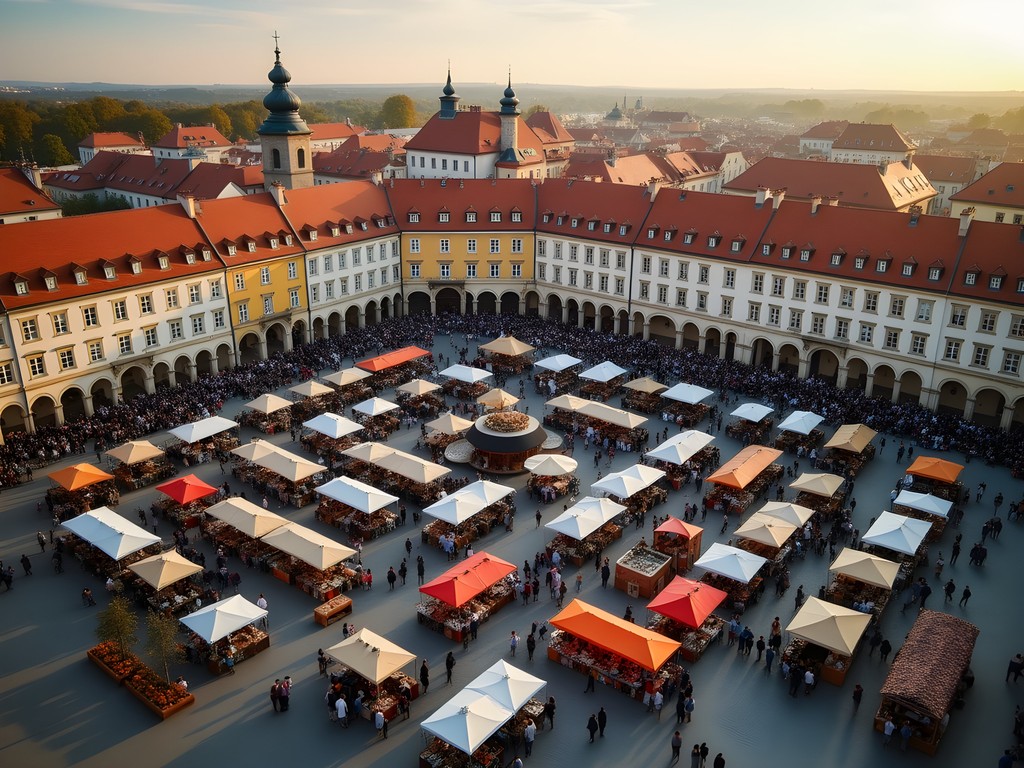 Aerial view of Sibiu Food Festival in Grand Square with food stalls and medieval architecture