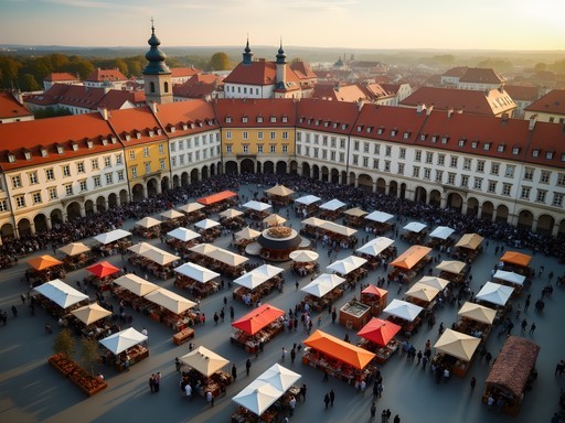 Aerial view of Sibiu Food Festival in Grand Square with food stalls and medieval architecture