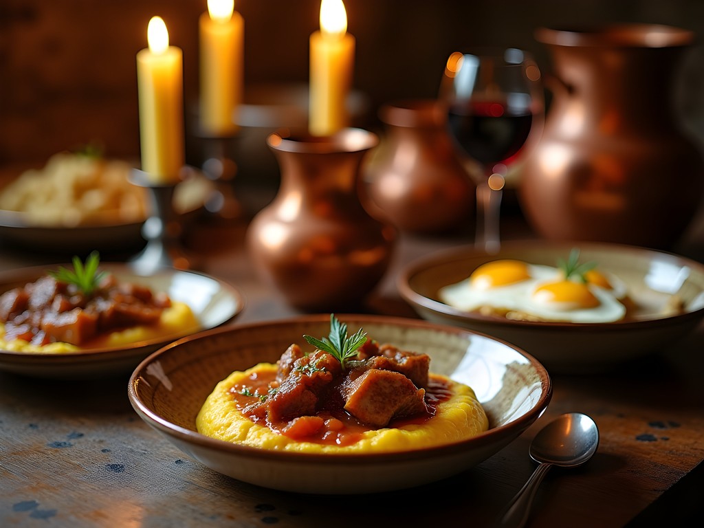Traditional Transylvanian feast with tochitura, mamaliga, and local wine in Sibiu cellar restaurant