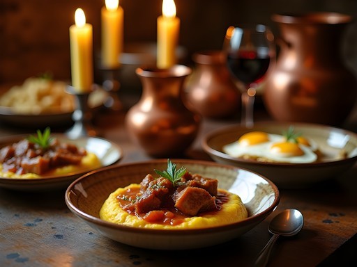 Traditional Transylvanian feast with tochitura, mamaliga, and local wine in Sibiu cellar restaurant