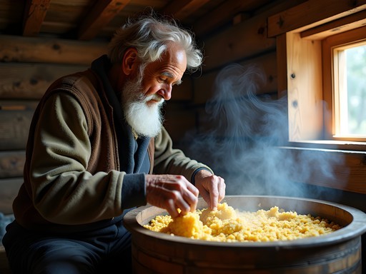 Traditional shepherd making brânză de burduf cheese in Rășinari village near Sibiu