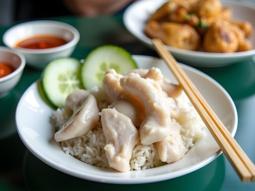 Famous Hainanese chicken rice dish at Maxwell Food Centre