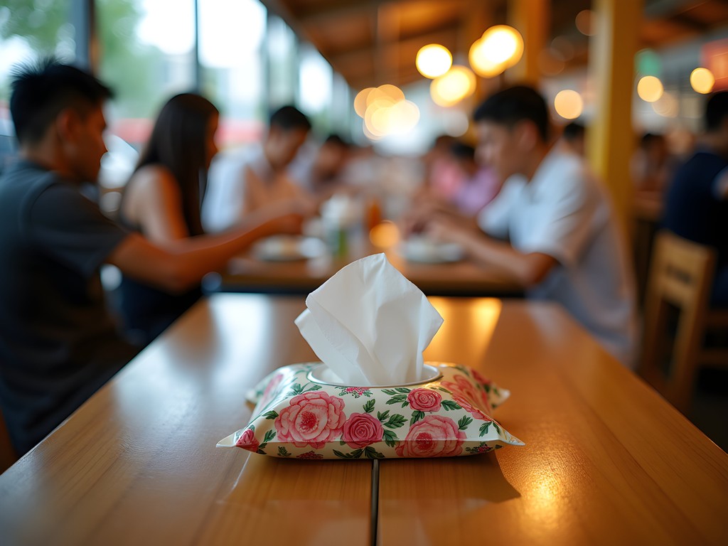 Tissue packet reserving table at Singapore hawker center