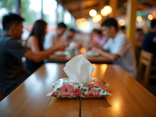 Tissue packet reserving table at Singapore hawker center