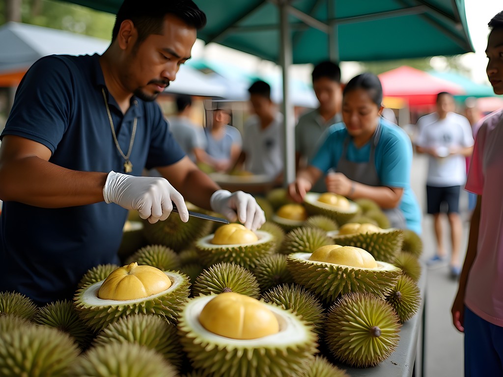 Durian fruit vendor at Singapore market with fresh durians