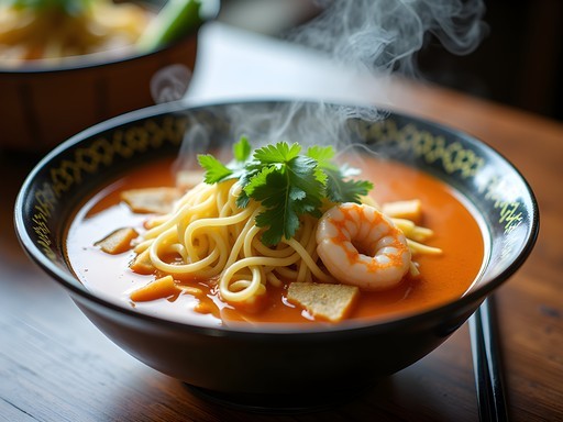 Steaming bowl of Singapore laksa with rich coconut broth