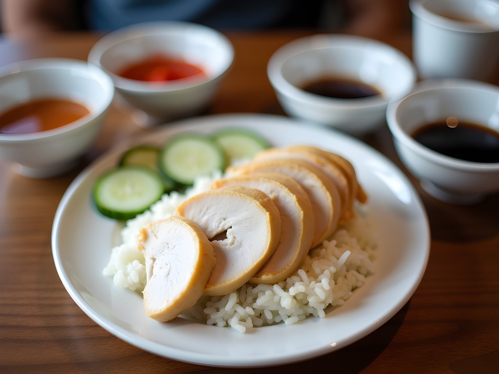 Traditional Hainanese chicken rice dish from a Singapore hawker stall