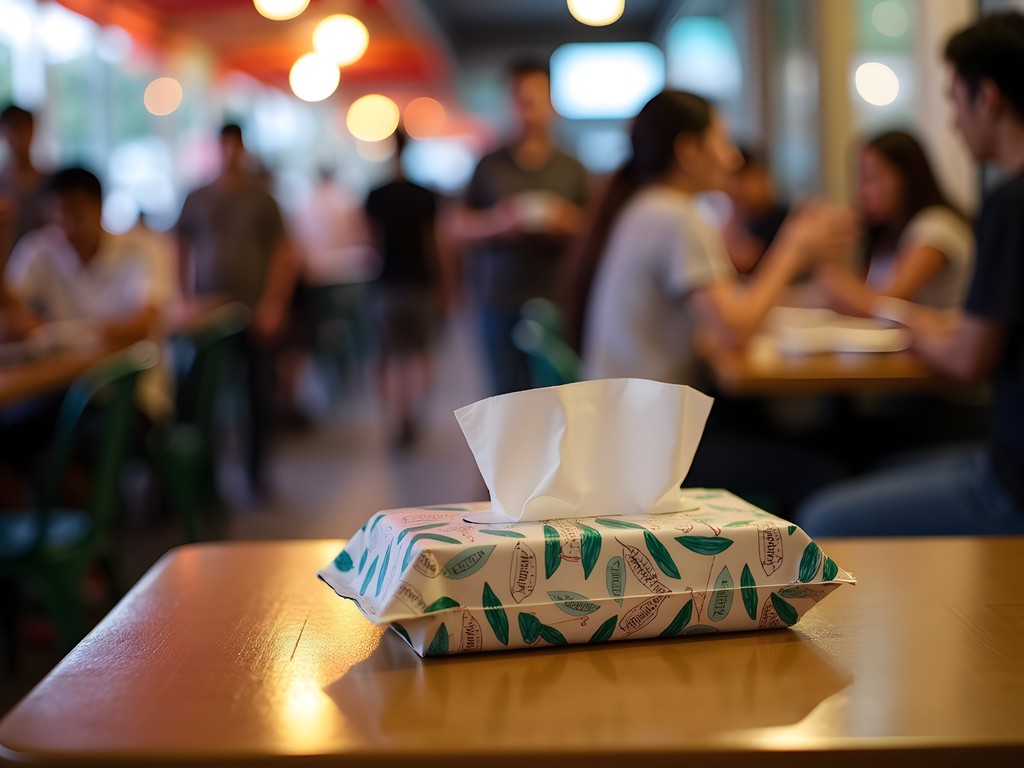 Tissue packet reserving table at busy Singapore hawker center