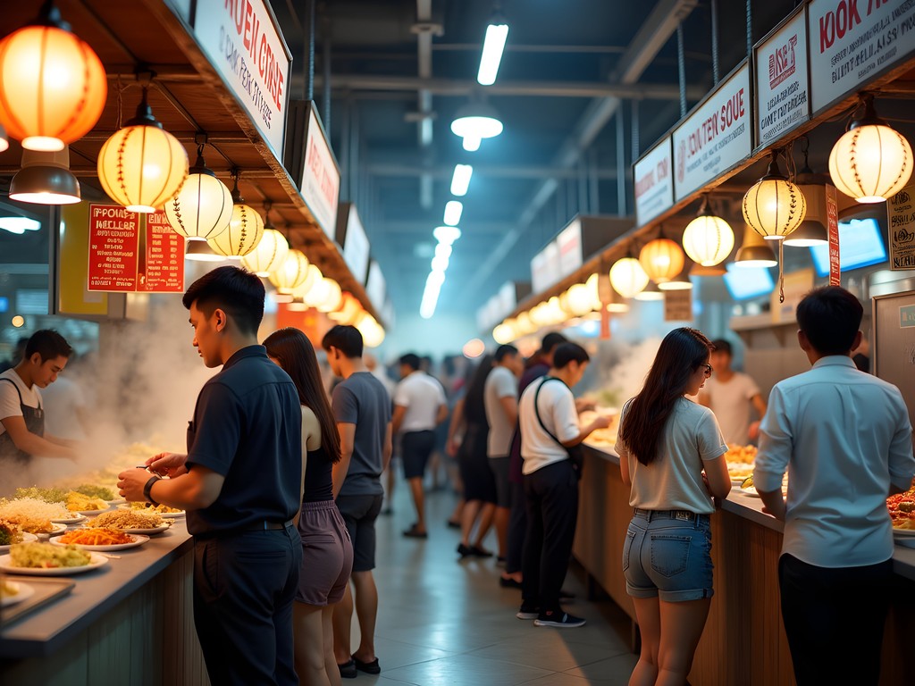 Busy lunchtime crowd at Maxwell Food Centre in Singapore