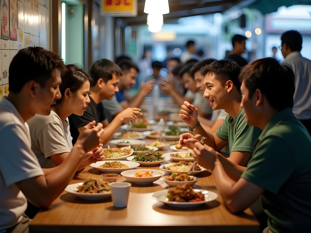 Diverse group of Singaporeans sharing a table at a hawker center