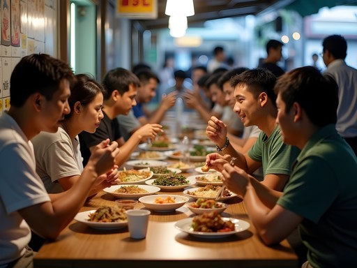 Diverse group of Singaporeans sharing a table at a hawker center