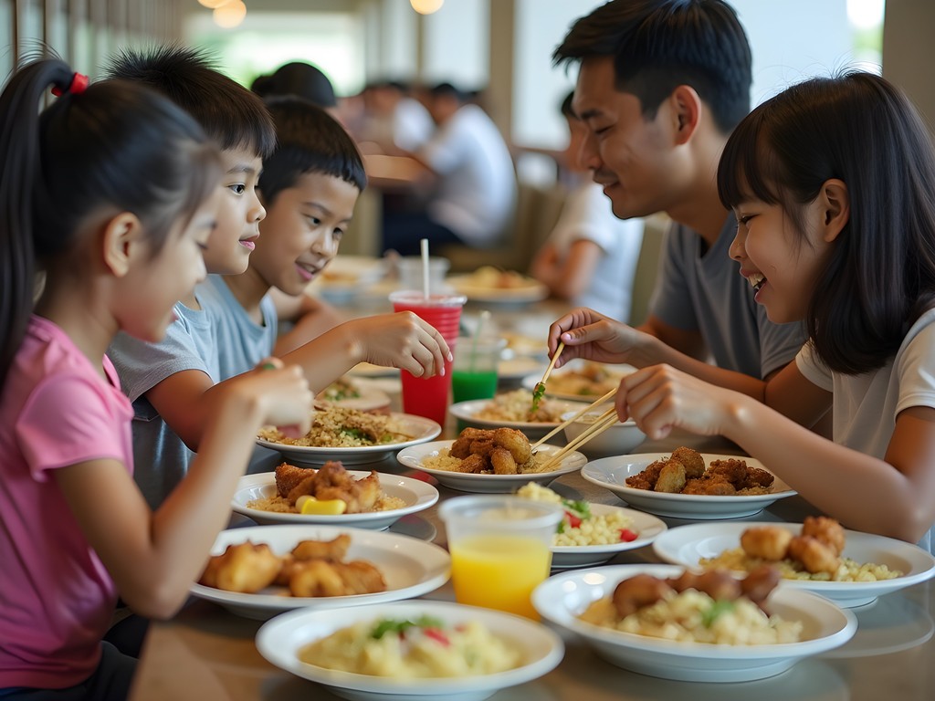 Family enjoying diverse dishes at a hawker center table with sharing plates