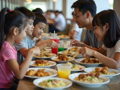 Family enjoying diverse dishes at a hawker center table with sharing plates