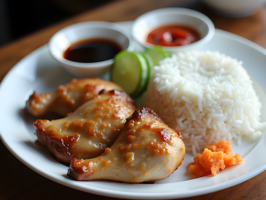 Close-up of perfectly prepared Hainanese chicken rice with chili sauce and cucumber garnish