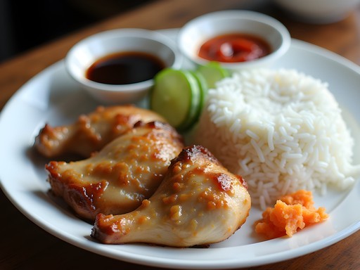 Close-up of perfectly prepared Hainanese chicken rice with chili sauce and cucumber garnish