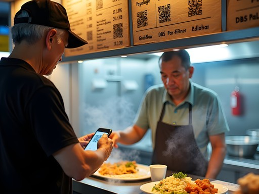 Modern hawker stall displaying multiple QR payment options alongside traditional menu